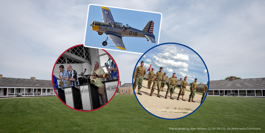On a background photo of historic Fort Snelling are inset photos of a historic plane, reenactors in uniform, and the Brooklyn Big Band