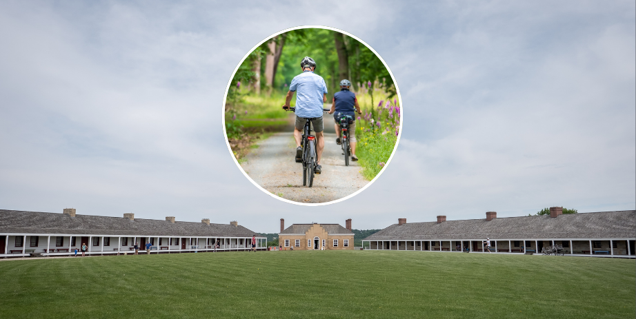 interior of Historic Fort Snelling walls with an image of people riding bikes superimposed