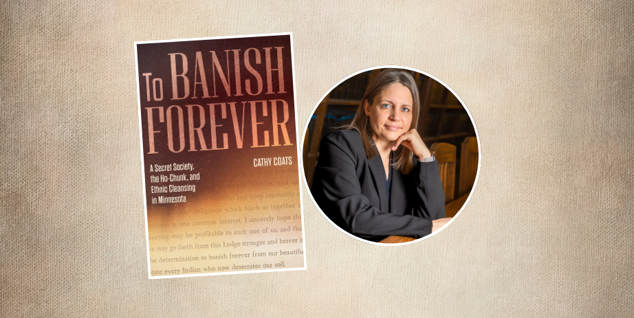 Cathy Coats headshot and book cover of To Banish Forever