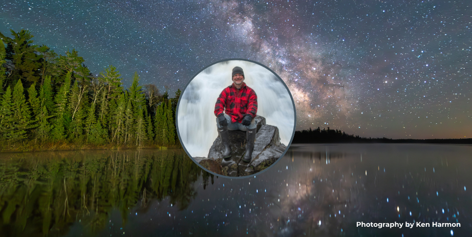 Photograph of a starry night along the Lake Superior shore overlaid with a portrait of the photography Ken Harmon.