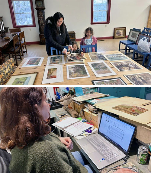 Top-Volunteers putting back artwork after it was photographed; bottom-Linnea working on accessioning artwork in the CollectiveAccess cms