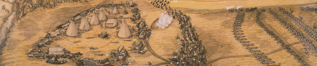 A painting of the Birch Coulee Battle.