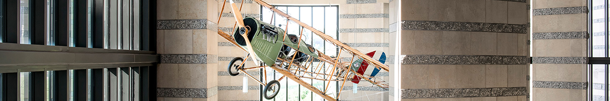 A life-size replica of the iconic Curtiss Model JN-4 airplane in the Minnesota History Center.