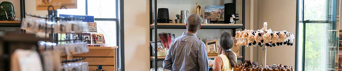 An array of souvenirs and gift items to purchase in the Fort Snelling gift shop.