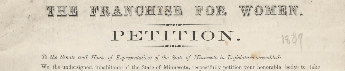 Cropped page one of a thirteen-page petition for women’s suffrage, 1869. 