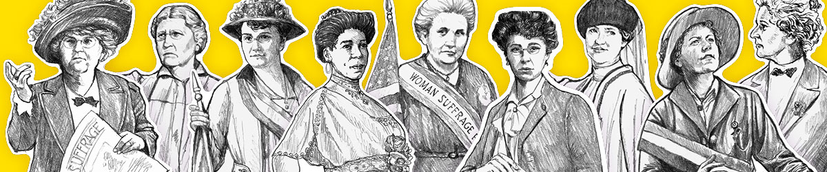 Illustration of Jenova Martin, Sarah Tarleton Colvin, Gertrude Hunter, Amanda Lyles, Ethel Hurd, Theresa Peyton, Bertha Moller, Elsa Ueland, and Clara Ueland.