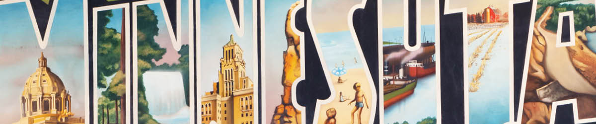 The word "Minnesota" illustrated with scenes of Minnesota life.