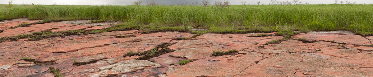 Cracked rocks near a prairie.
