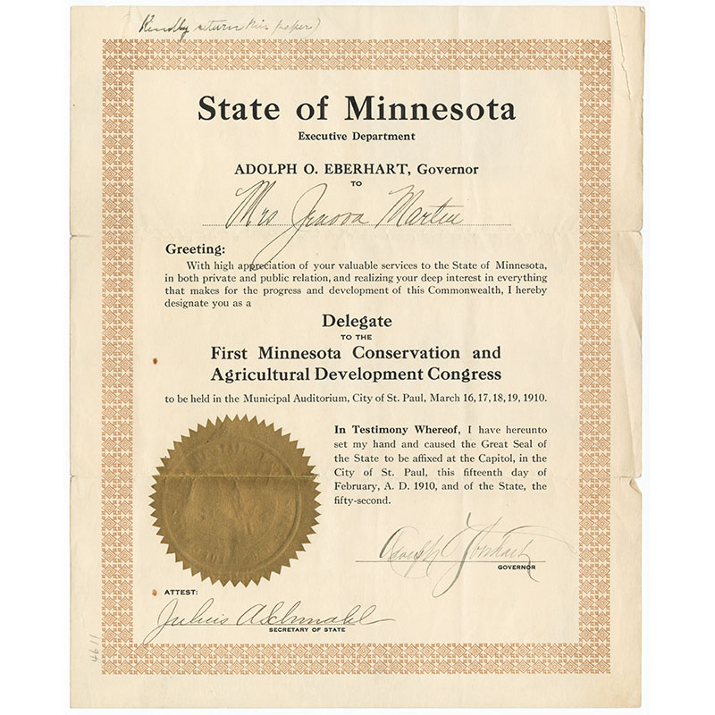 Jenova Martin, delegate certificate, 1910.
