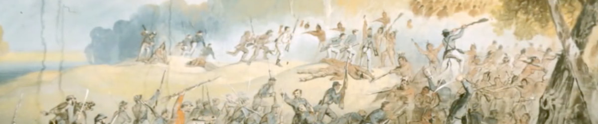 A painting of a war in which soldiers are on horses and fighting with guns.