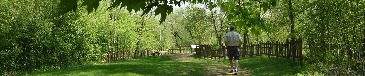 A man walking in a partly fenced area in a park.