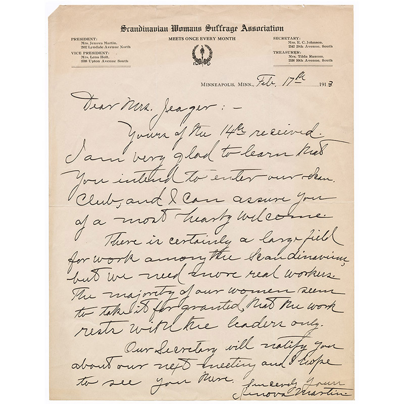 Letter from Jenova Martin to Nanny Mattson Jaeger, 1913.
