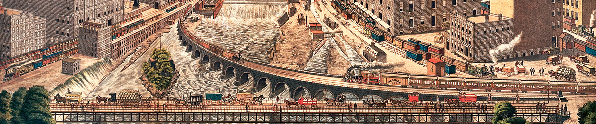 Illustration of milling around Minneapolis riverfront.