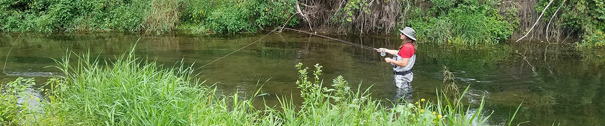 A woman fishing in a river.