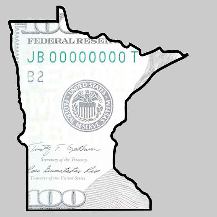 Silhouette of Minnesota filled in with a one-hundred dollar bill for background