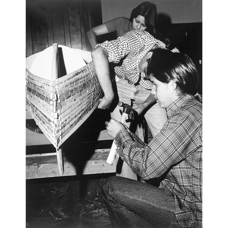 Canoe building, Red School House, 1977.