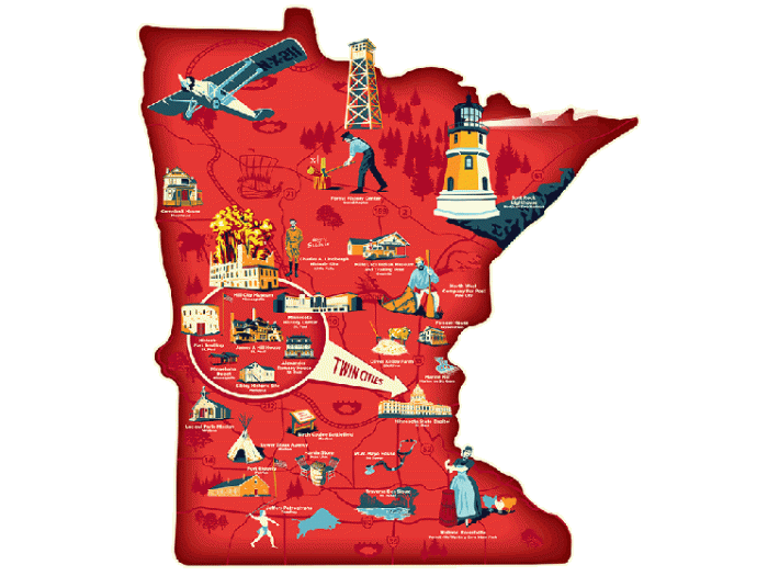 Illustration of Minnesota with landmarks.