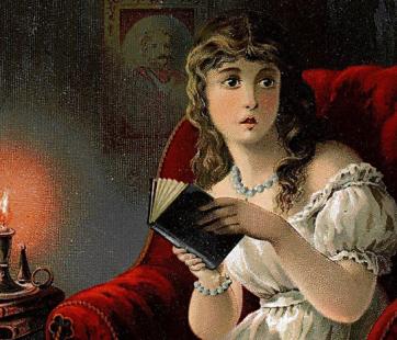 art of a Victorian woman looking scared while reading by candlelight