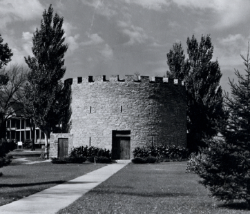 Black and white historic photo of the round tower