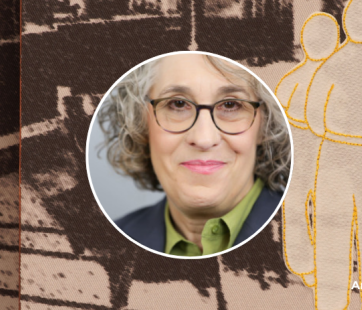Image of artist Sandra Brick against a multimedia image of human forms in yellow thread on a photographic sepia background.