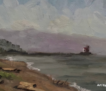 Image of a impressionistic landscape painting of the north shore of Lake Superior.