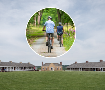 interior of Historic Fort Snelling walls with an image of people riding bikes superimposed