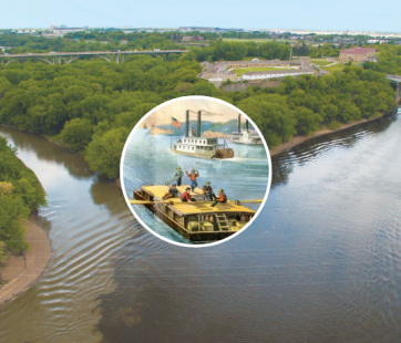 Inset painting of a river barge over river confluence below Fort Snelling