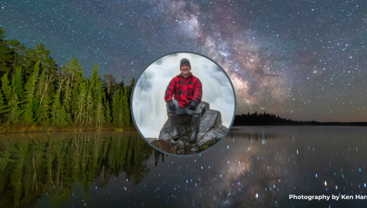 Photograph of a starry night along the Lake Superior shore overlaid with a portrait of the photography Ken Harmon.